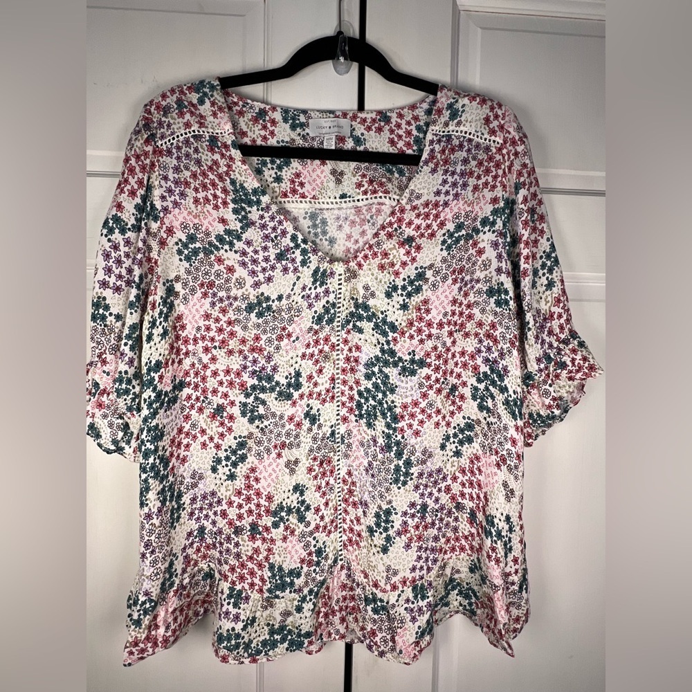 Lucky Brand Floral Print Puff Cinched Ruffled Sleeves Ruffle Hem Size M